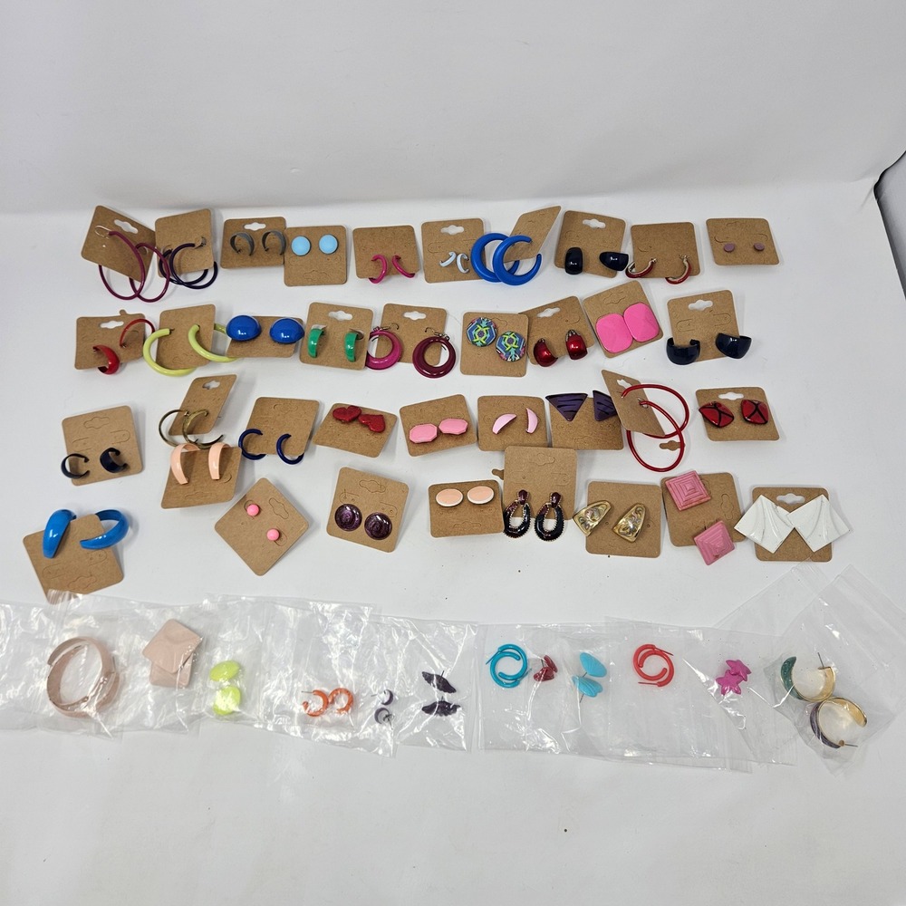 Lot of 49 Vintage Retro Costume Earrings Mixed Styles Hoops Studs Dangles ClipOn